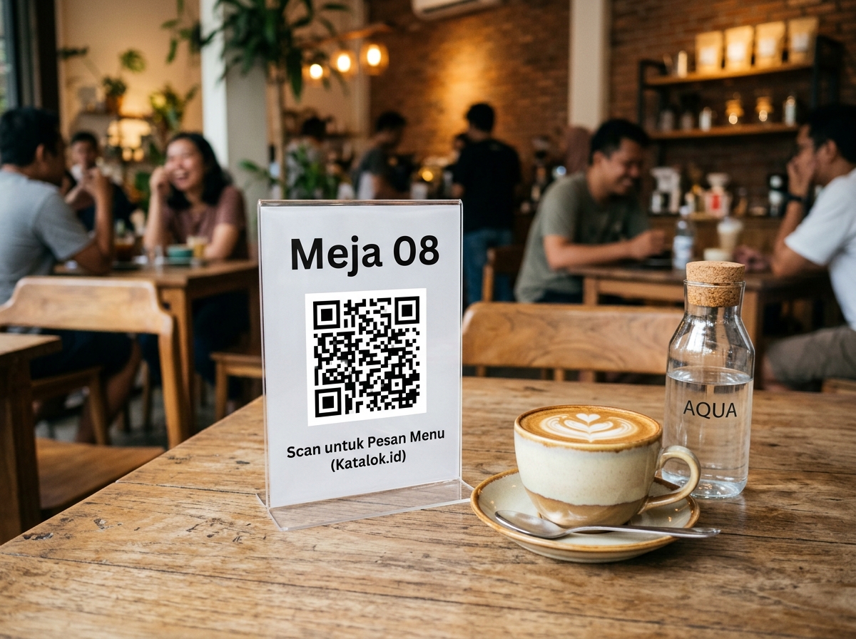 Foto Realistis Suasana Meja Cafe dengan Akrilik QR Code Katalok.id