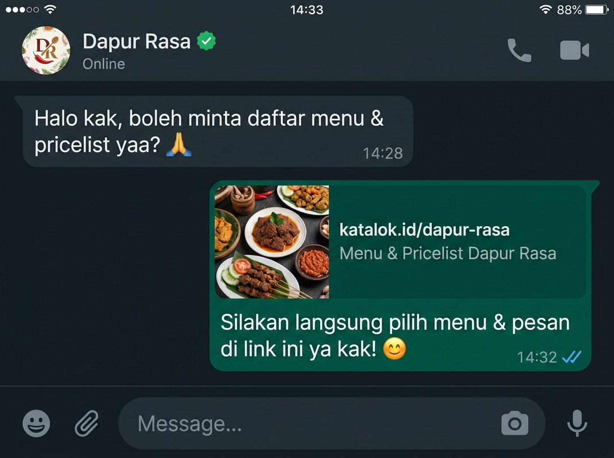 Foto Realistis Chat WhatsApp Meminta Katalog Menu Katalok.id